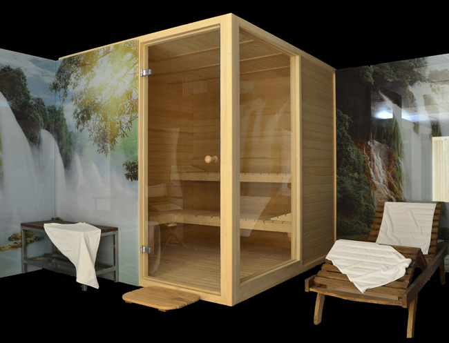 Sauna clásico, de madera y cristal